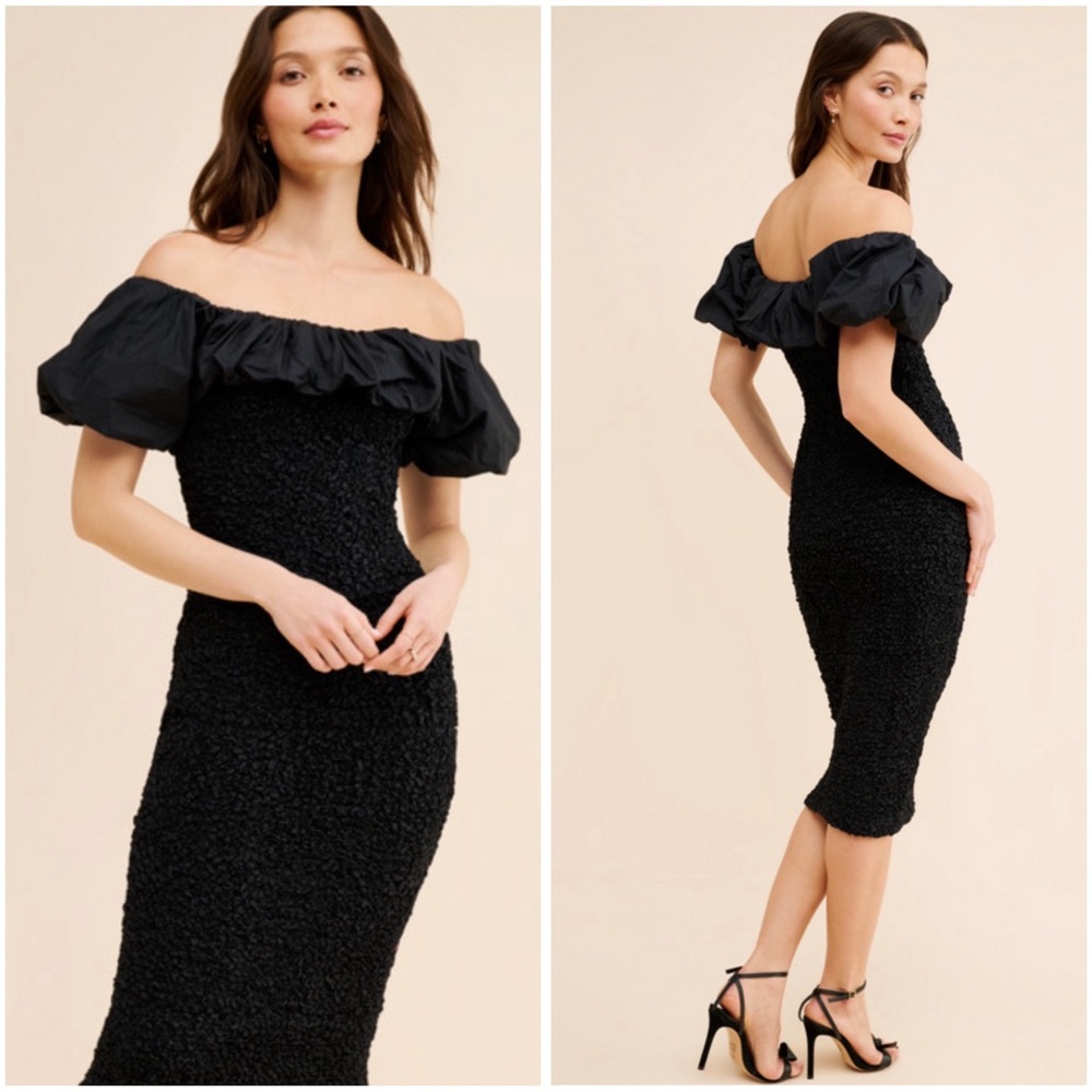 Saylor Ciana Bubble Smocked Midi Dress in Black